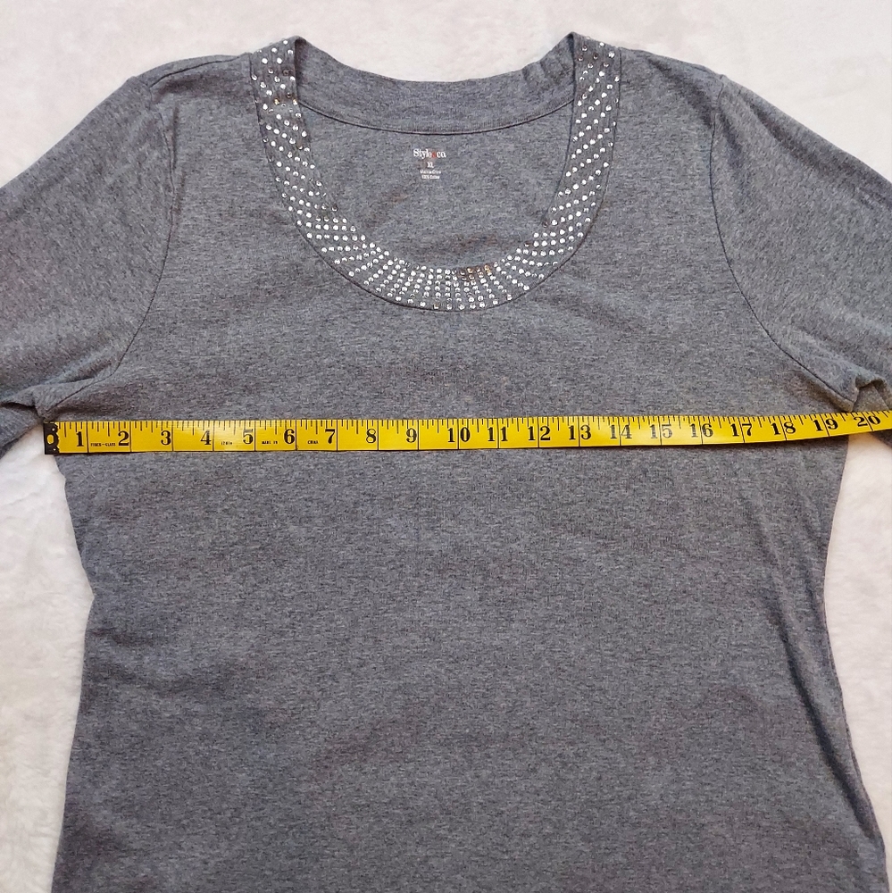 Style & Co. Gray Scoop Neck Rhinestone Neckline 3/4 Sleeve Cotton Top Size XL - Picture 5 of 9
